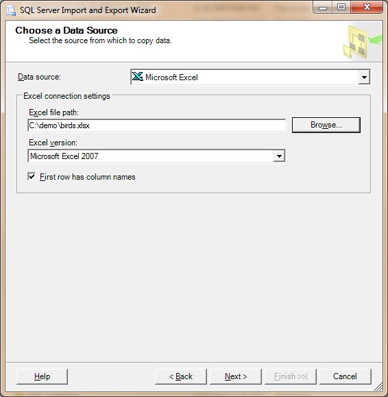 Chose a Data Source page in the SQL Server Import and Export Wizard