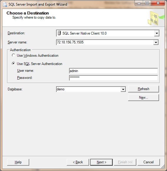 Chose a Data Destination page in the SQL Server Import and Export Wizard