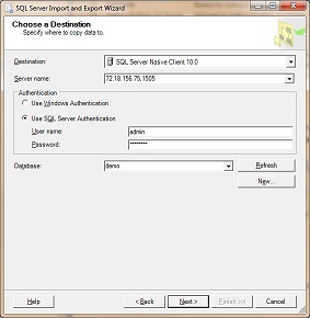 Chose a Data Destination page in the SQL Server Import and Export Wizard