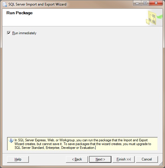 Run Package page in the SQL Server Import and Export Wizard