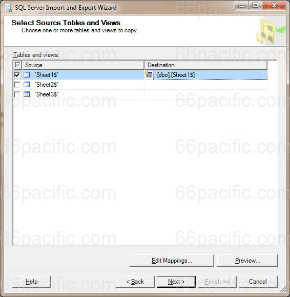 Select Source Tables and Views page in the SQL Server Import and Export Wizard