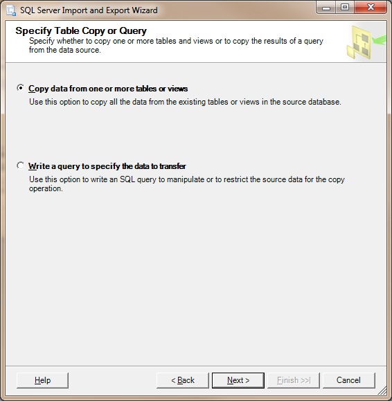 Specify Table Copy or Query page in the SQL Server Import and Export Wizard