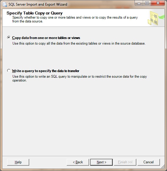 Specify Table Copy or Query page in the SQL Server Import and Export Wizard