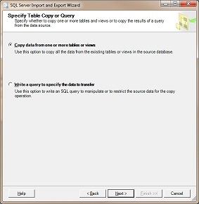 Specify Table Copy or Query page in the SQL Server Import and Export Wizard