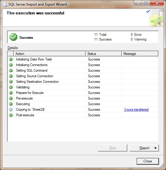 The execution was successful page in the SQL Server Import and Export Wizard