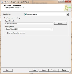 Chose a Data Destination Page in the SQL Server Import and Export Wizard