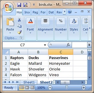 Excel spreadsheet with table rows imported from a SQL database