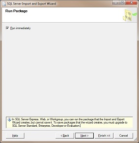Run Package page in the SQL Server Import and Export Wizard