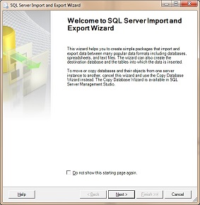 Welcome page of the SQL Server Import and Export Wizard